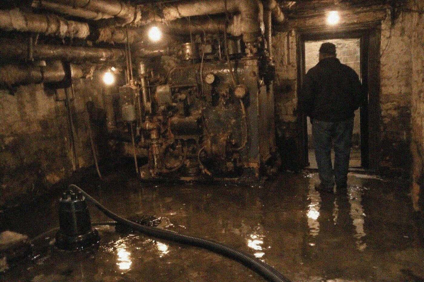 Standing water on the floor of a New York apartment building boiler room with pipes and a boiler above it