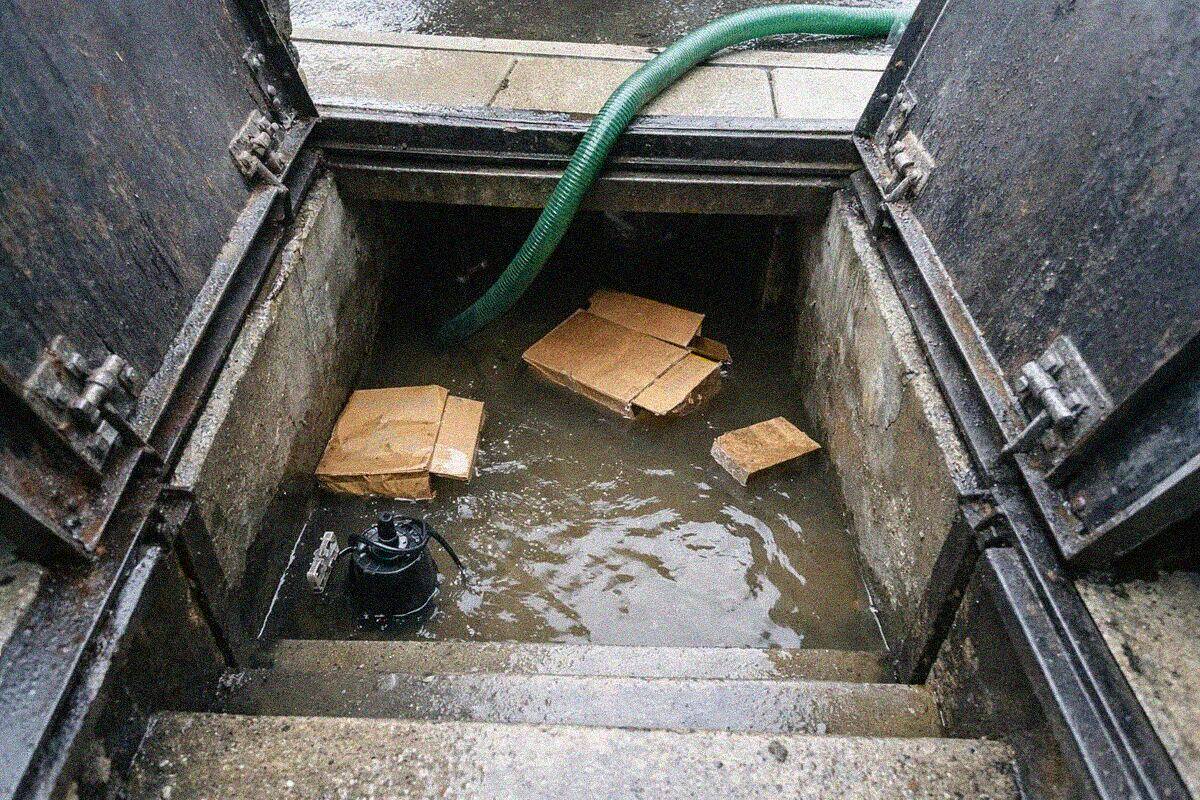 An open sidewalk cellar hatch on a Brooklyn street with water on the steps leading down into the cellar