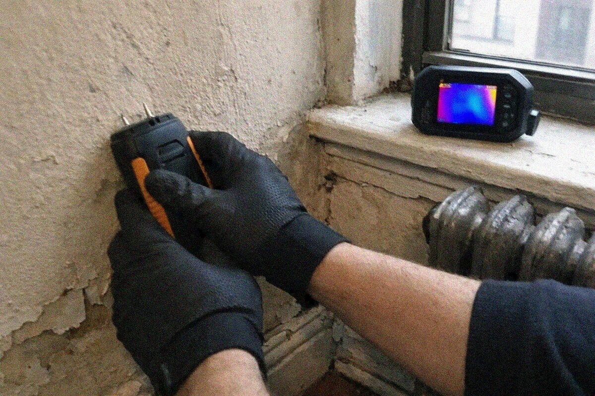 A pinless moisture meter held against a plaster wall in a New York apartment beside a thermal camera showing the wet area